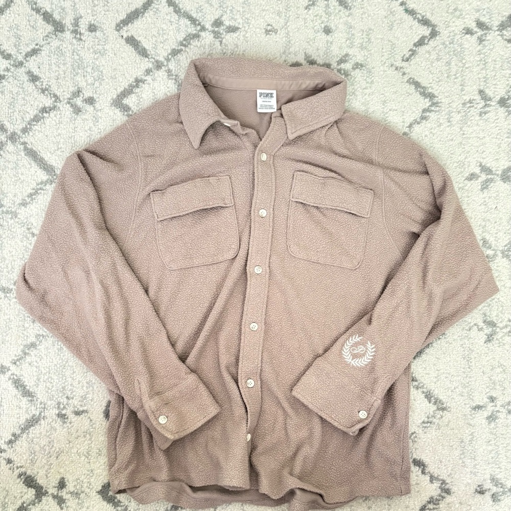 Victoria’s Secret PINK Reverse Fleece Shacket Button Down Logo Sleeve Large